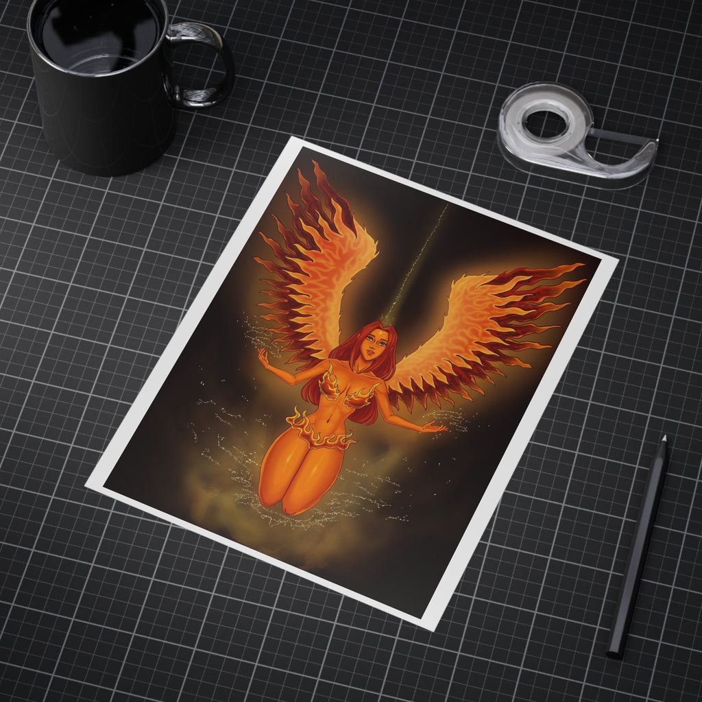 Fiery Phoenix Angel Art Print – Mystic Winged Woman Unframed Poster