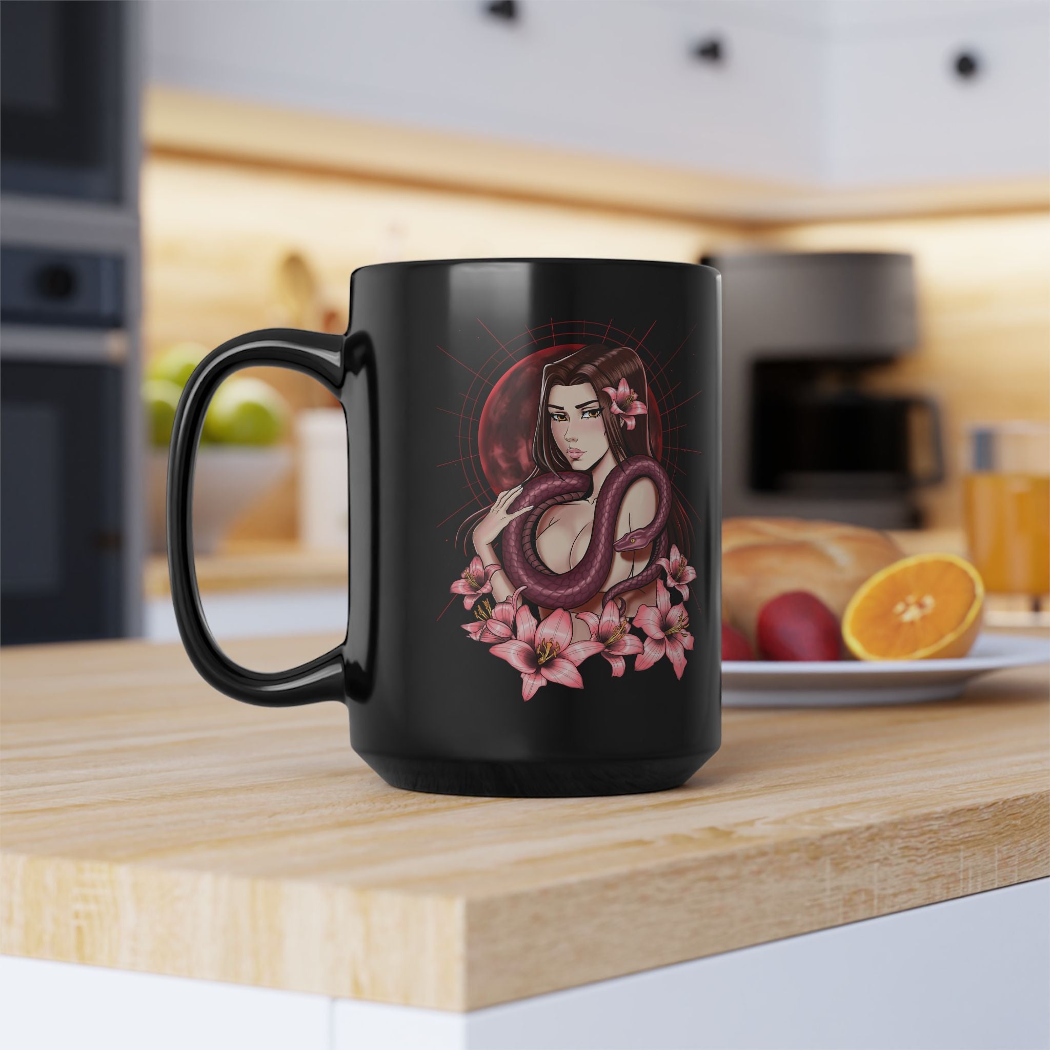 Lilith & Snake Black 15oz Mug — Floral witchy Coffee Cup