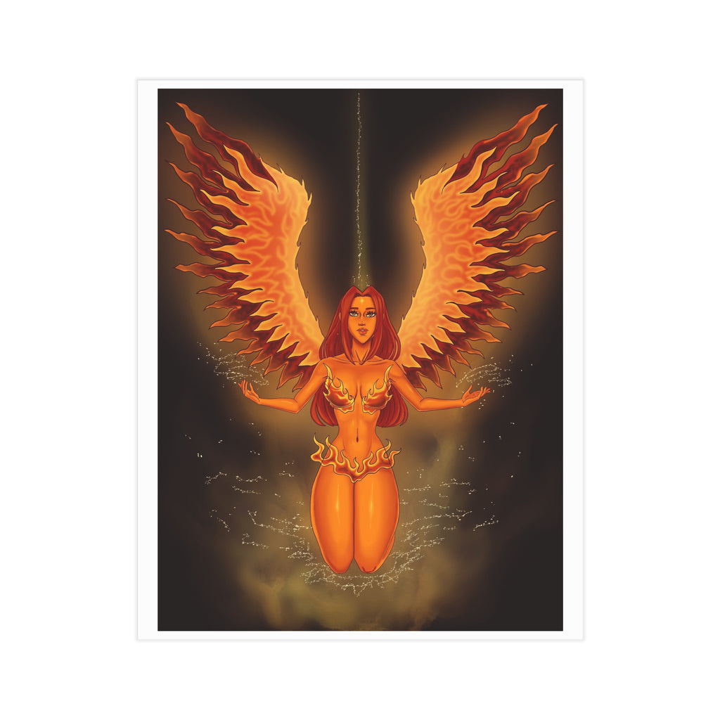 Fiery Phoenix Angel Art Print – Mystic Winged Woman Unframed Poster