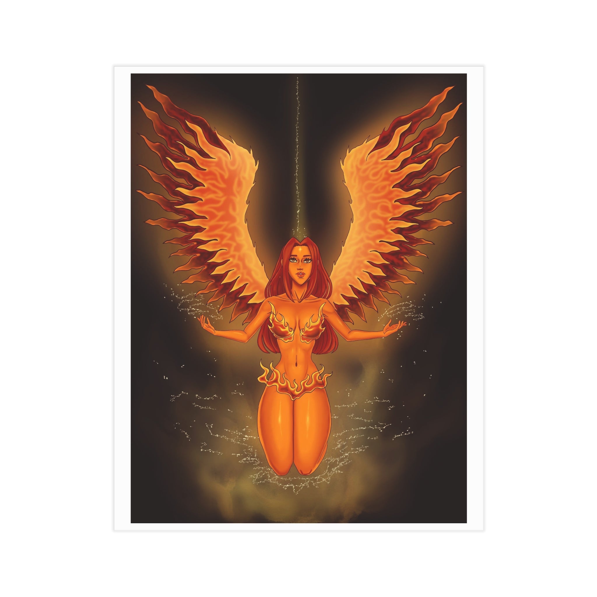 Fiery Phoenix Angel Art Print – Mystic Winged Woman Unframed Poster