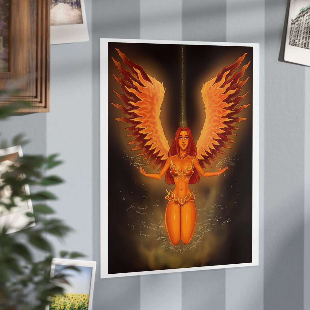 Fiery Phoenix Angel Art Print – Mystic Winged Woman Unframed Poster