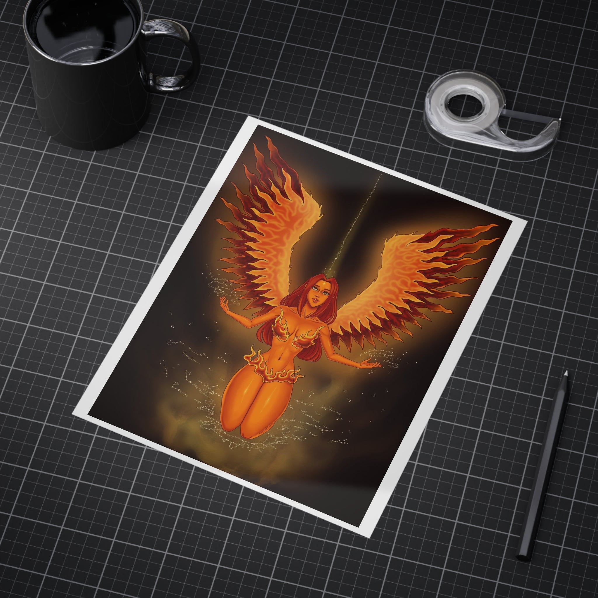 Fiery Phoenix Angel Art Print – Mystic Winged Woman Unframed Poster